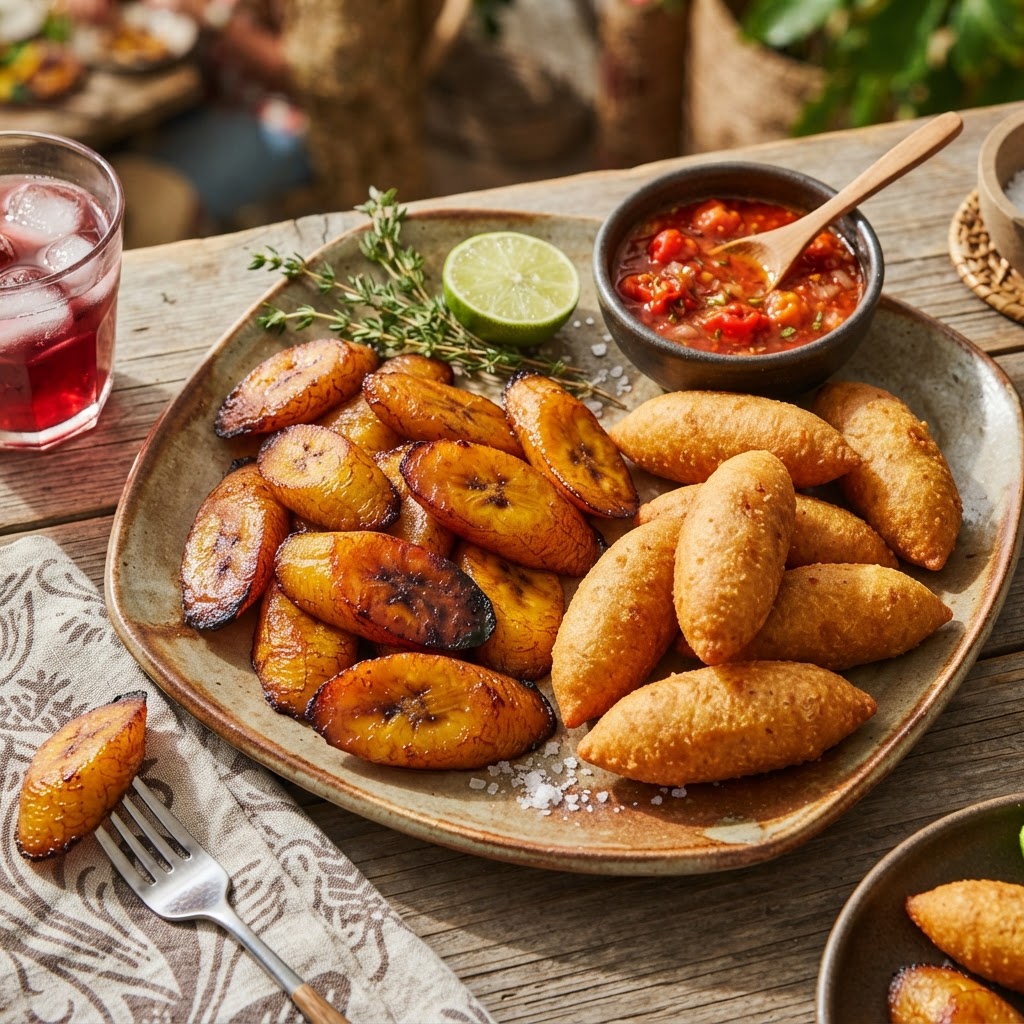 Fried plantains and festival with pepper sauce