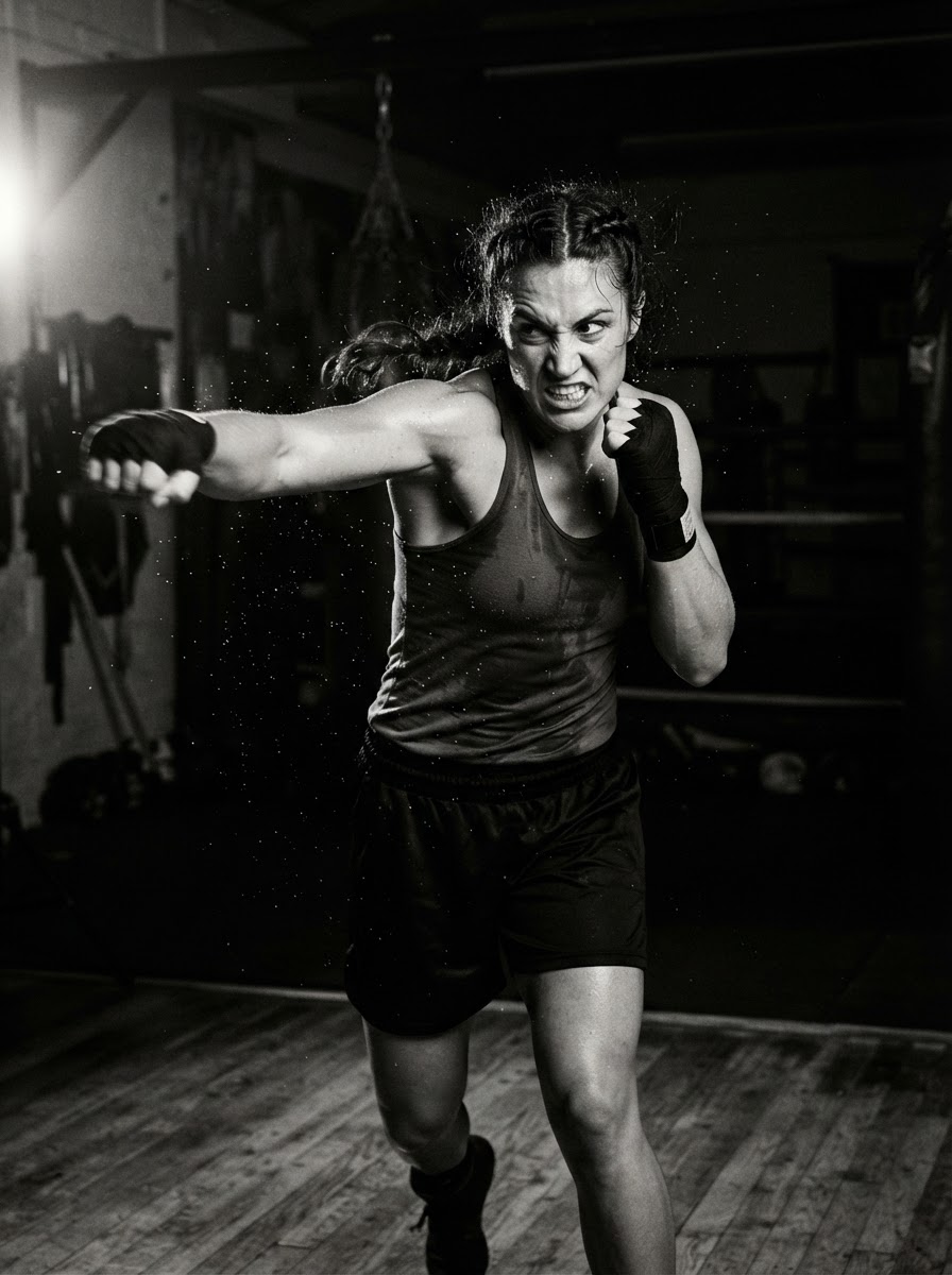 Athlete throwing a boxing combination with intense focus