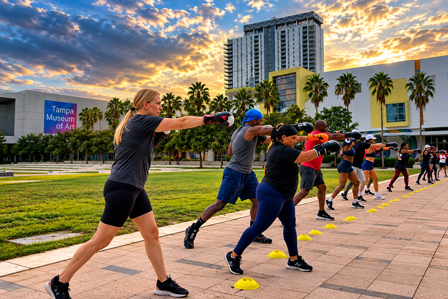Camp BX fighters training in sync at Curtis Hixon Waterfront Park in Tampa at sunset
