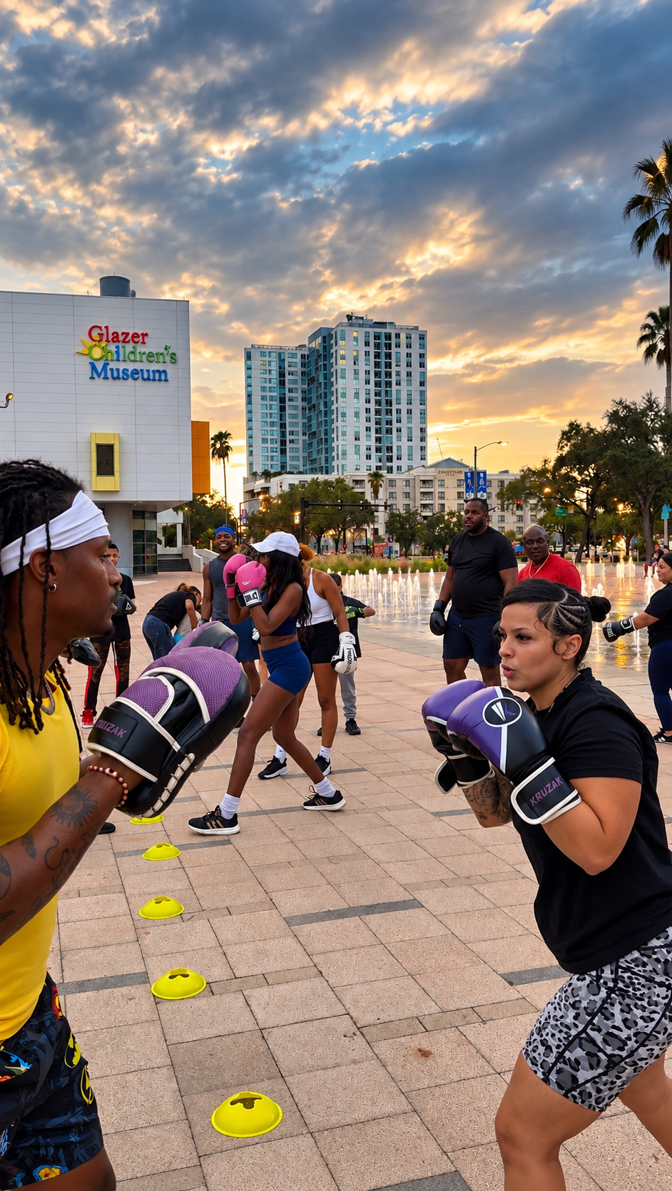 Camp BX members and coaches running mitt work and combinations at Curtis Hixon Waterfront Park at sunset