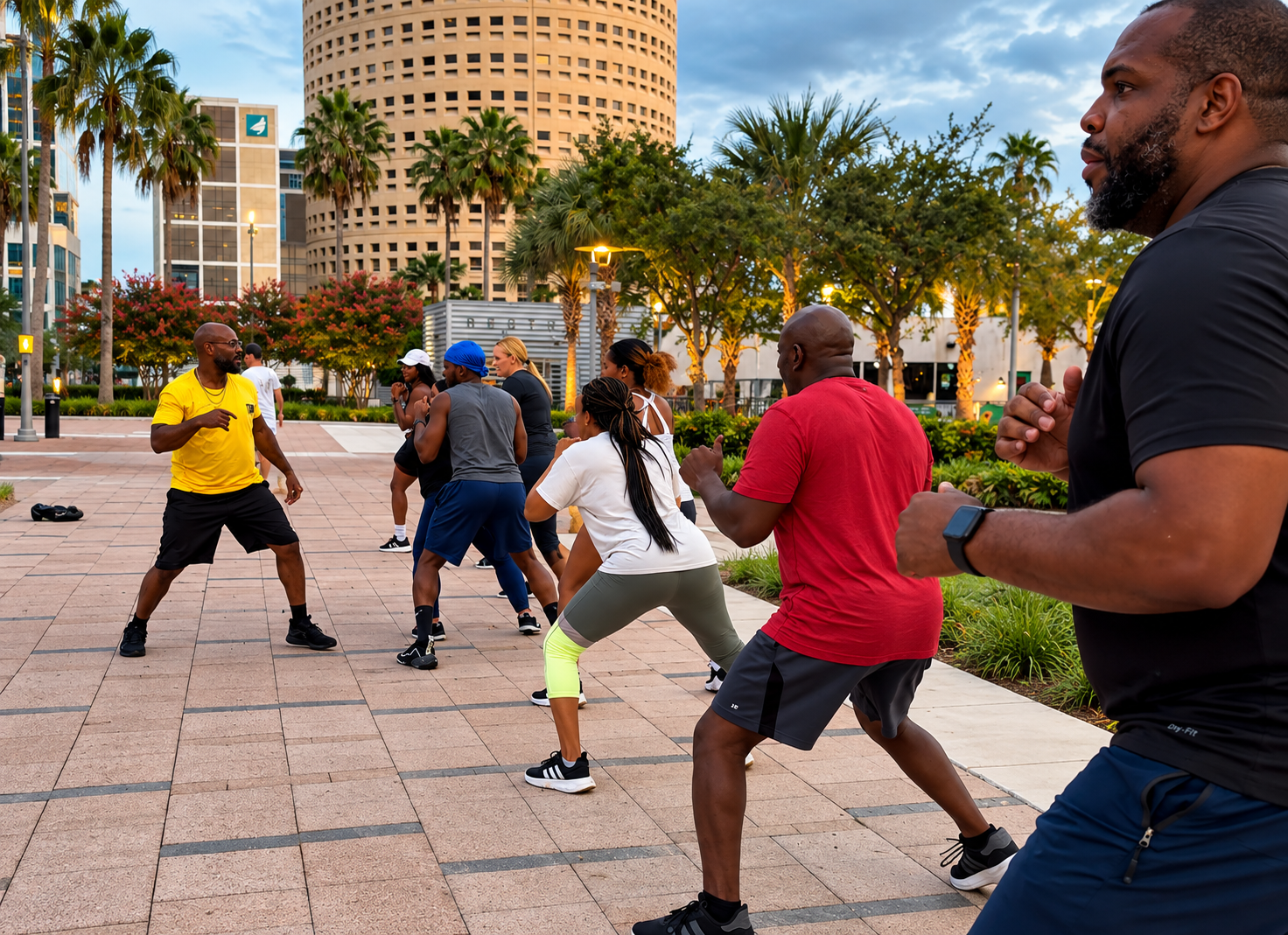 Camp BX members and coach conditioning together outdoors at Curtis Hixon Waterfront Park