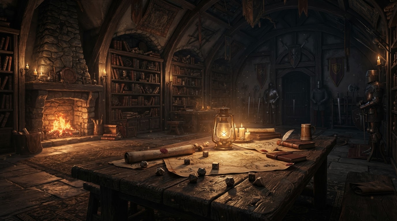 A candlelit adventurer's guild hall at night, scattered with maps and dice