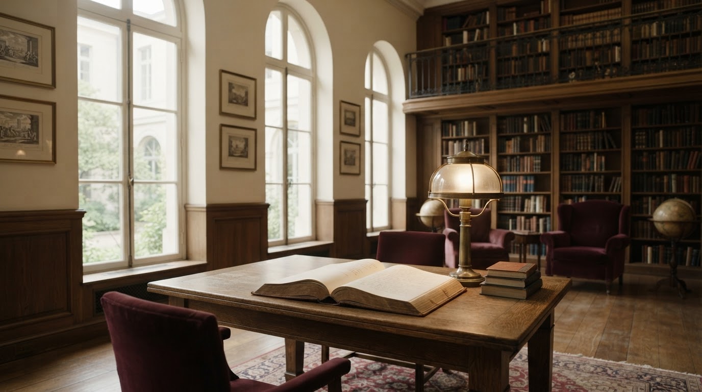 A serene, light-filled scholarly reading room symbolizing study and contemplation