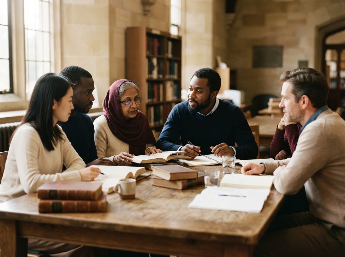 A diverse group of adults engaged in scholarly study and discussion around a table