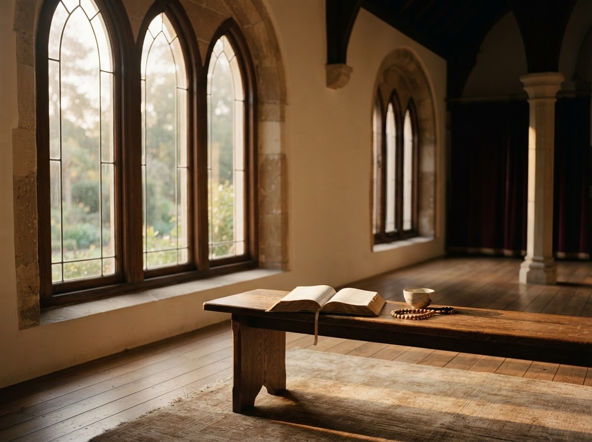 Soft morning light in a contemplative, neutral setting symbolizing reflection and stewardship