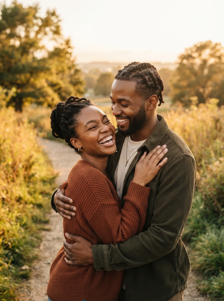 A young Black couple laughing together in warm golden light
