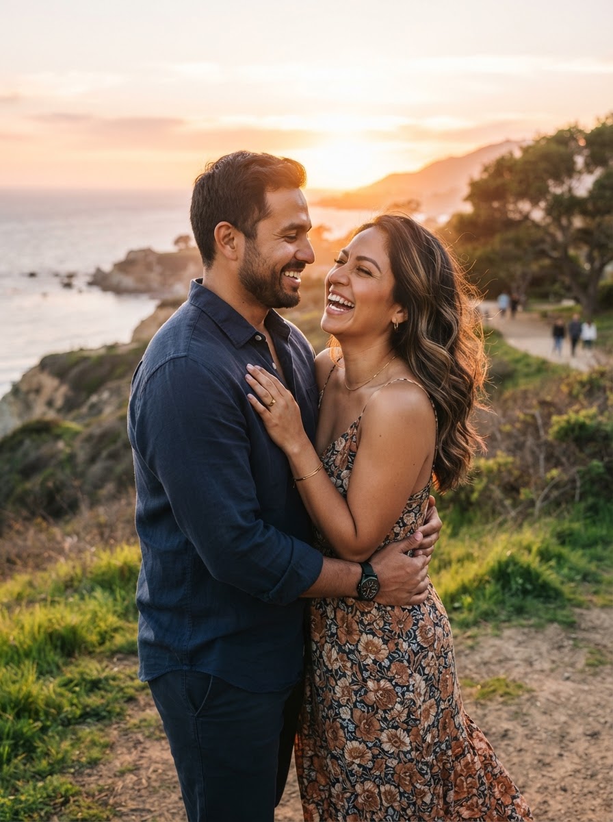 A Latino couple embracing outdoors at sunset, warm and connected