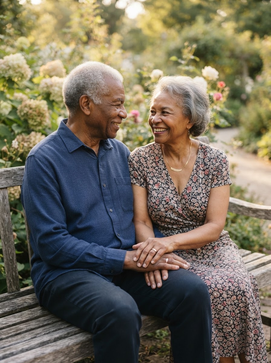 An older Black couple married fifty years holding hands with deep warmth