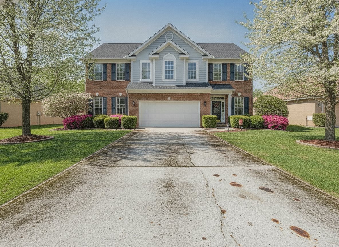 Before cleaning: a two-car concrete driveway in front of a home