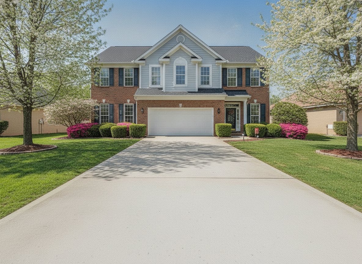 After cleaning: a two-car concrete driveway in front of a home