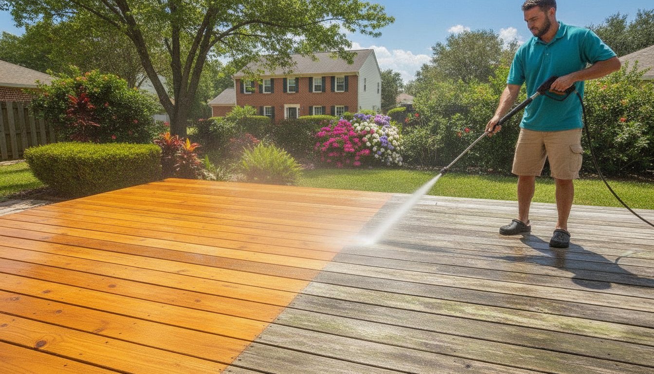 Half-cleaned wooden deck: clean honey-brown boards next to grey weathered boards