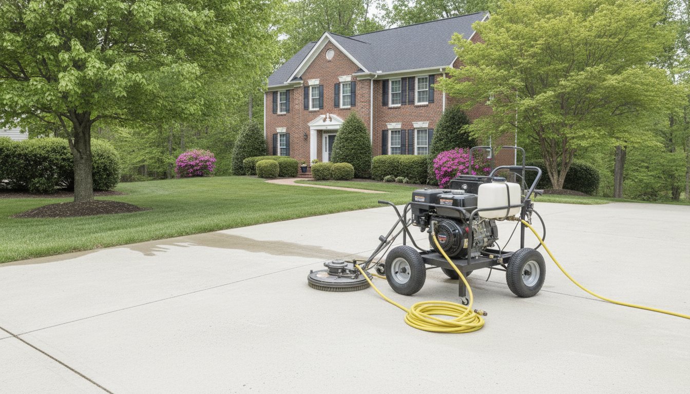 A professional pressure washer on a wheeled cart with a surface cleaner and coiled hose beside a freshly cleaned concrete driveway