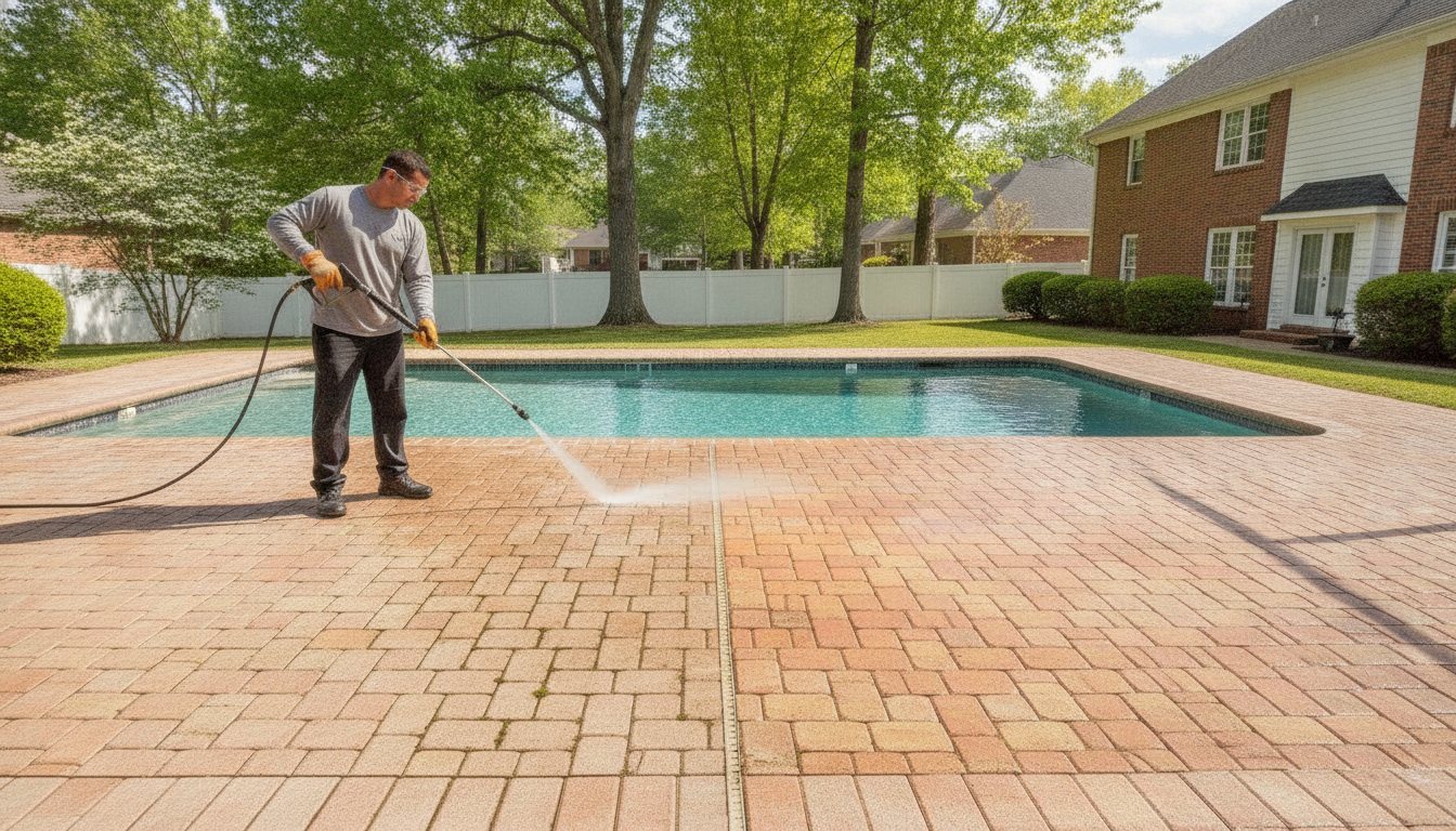A technician pressure washing a brick paver pool deck inside a screened pool enclosure