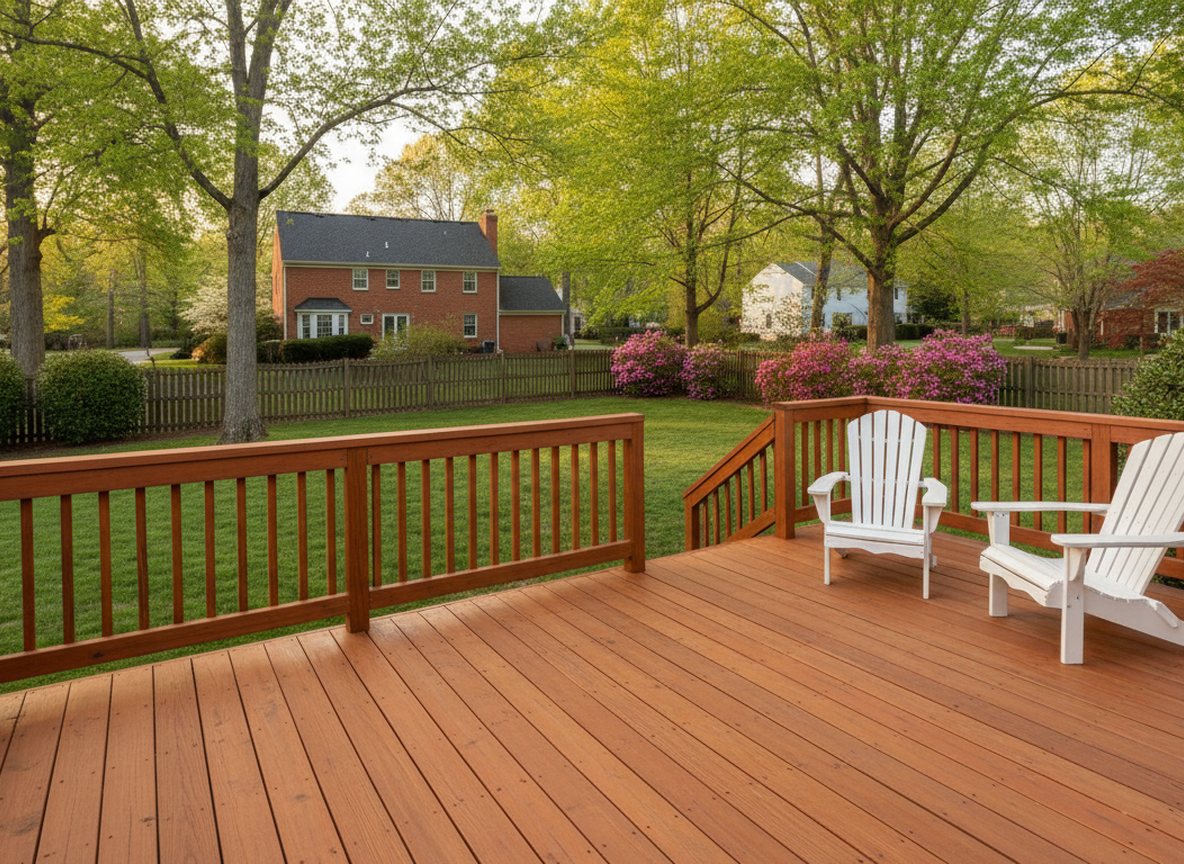 After cleaning: a backyard wooden deck with railing