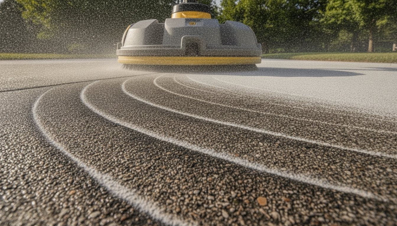 A surface cleaner leaving clean, bright passes across a stained concrete driveway