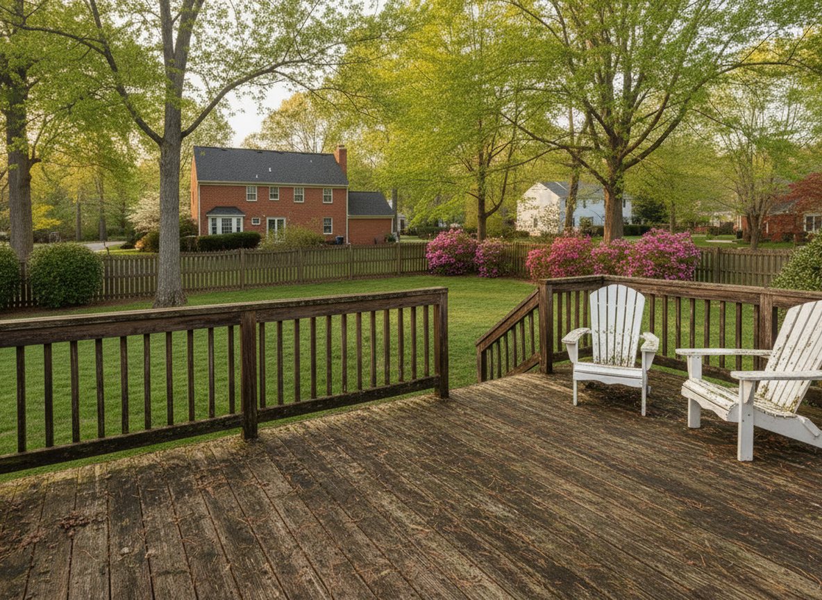 Before cleaning: a backyard wooden deck with railing