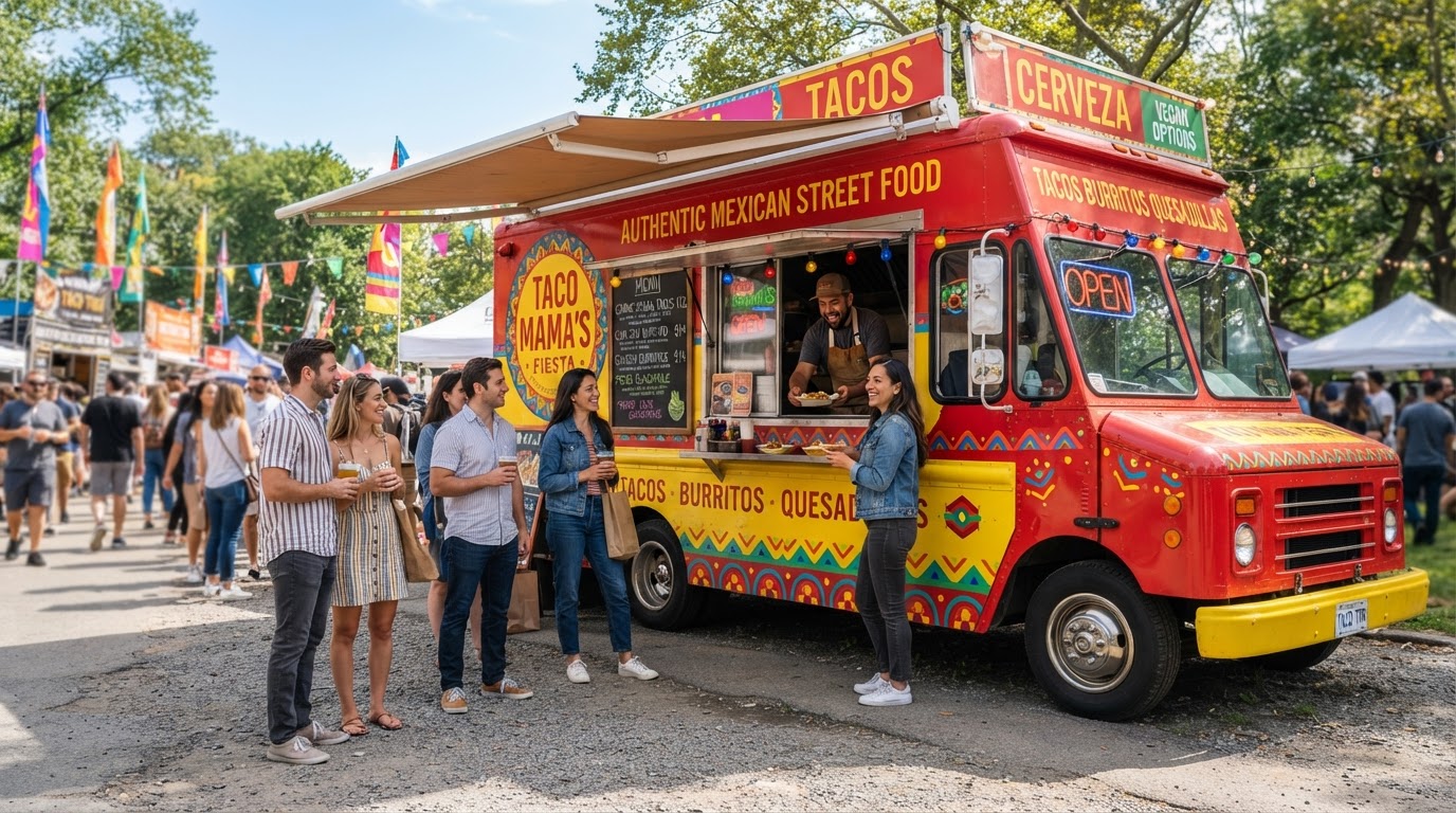 The Golden Skillet food truck serving guests at a sunny event