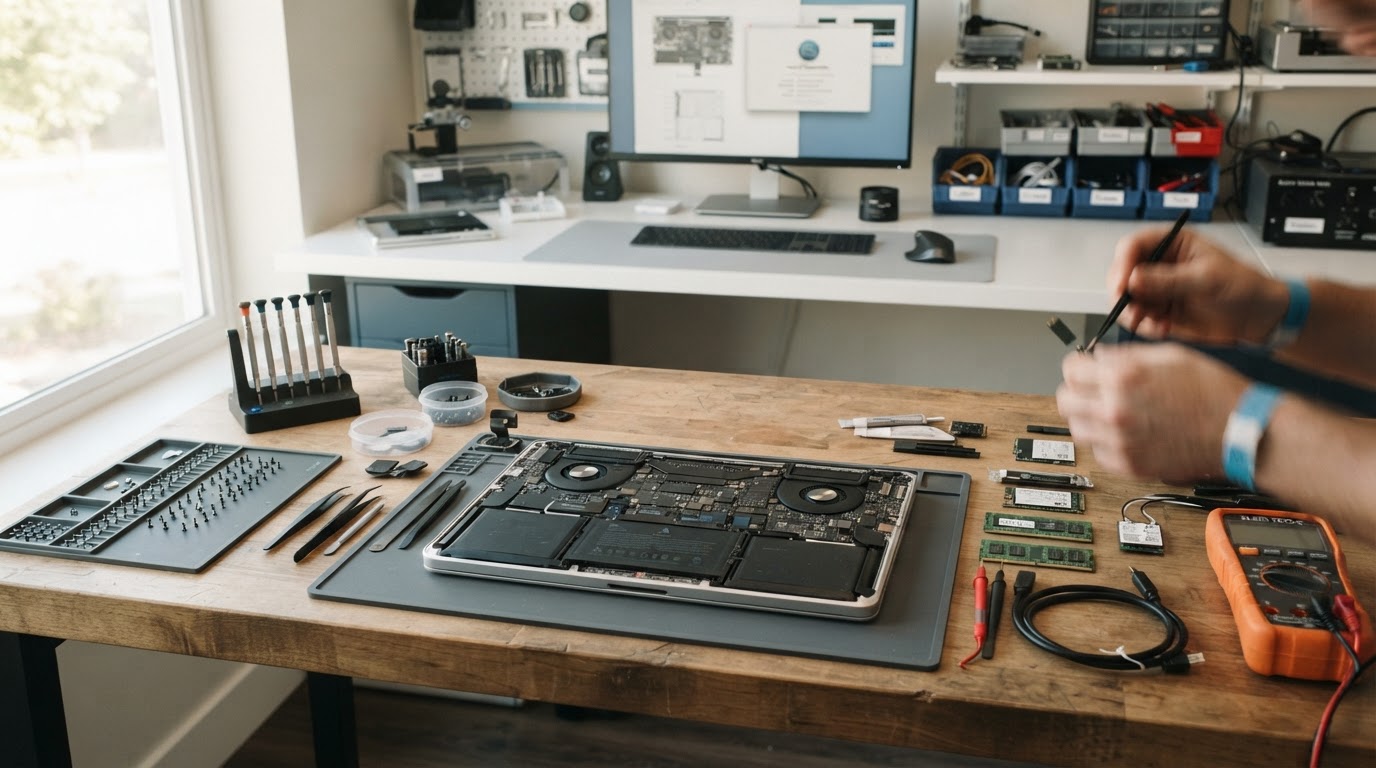 A clean computer repair workbench with tools and parts