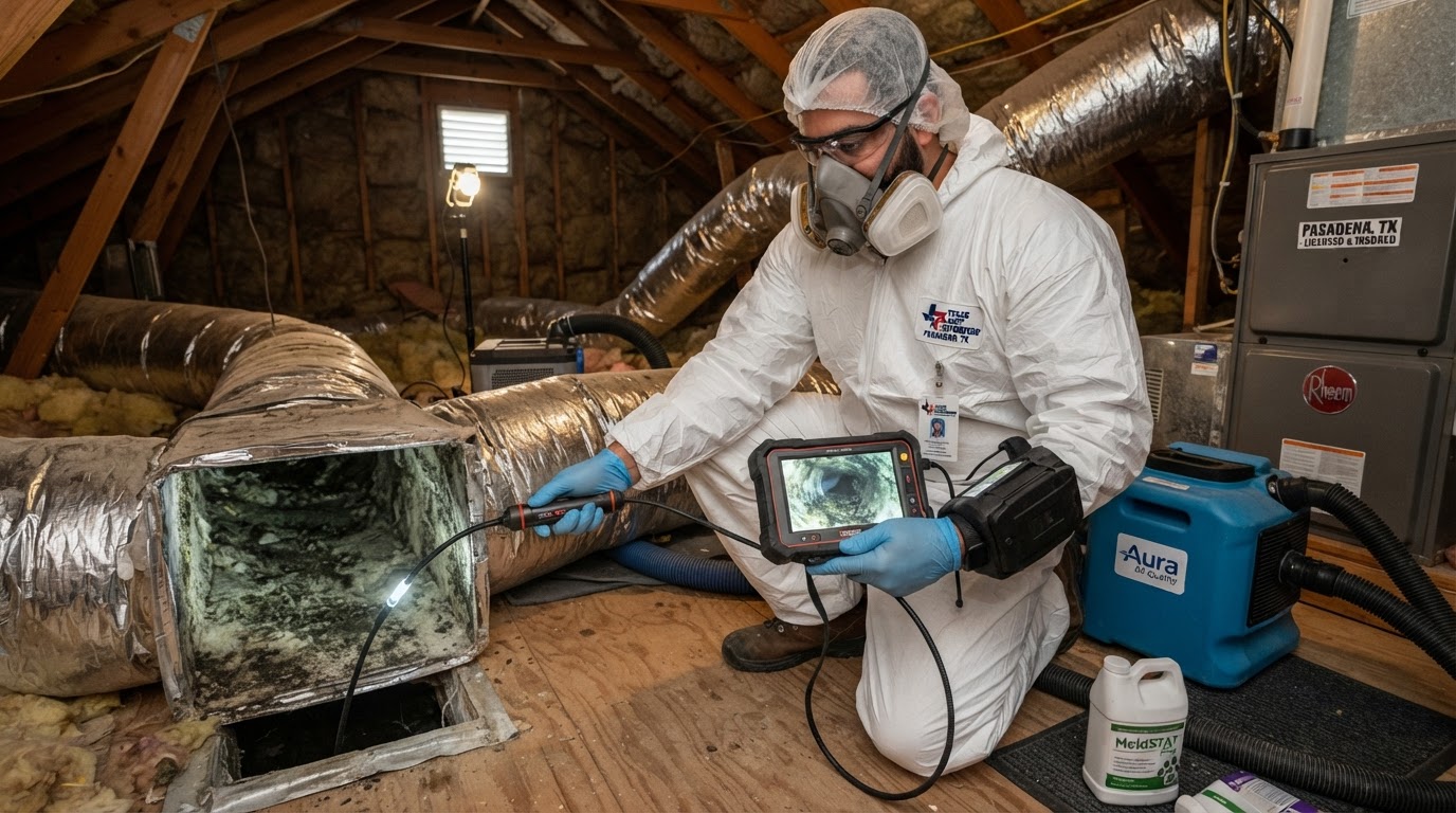 Licensed Pasadena HVAC Mold Remediation Specialist inspecting air duct unit