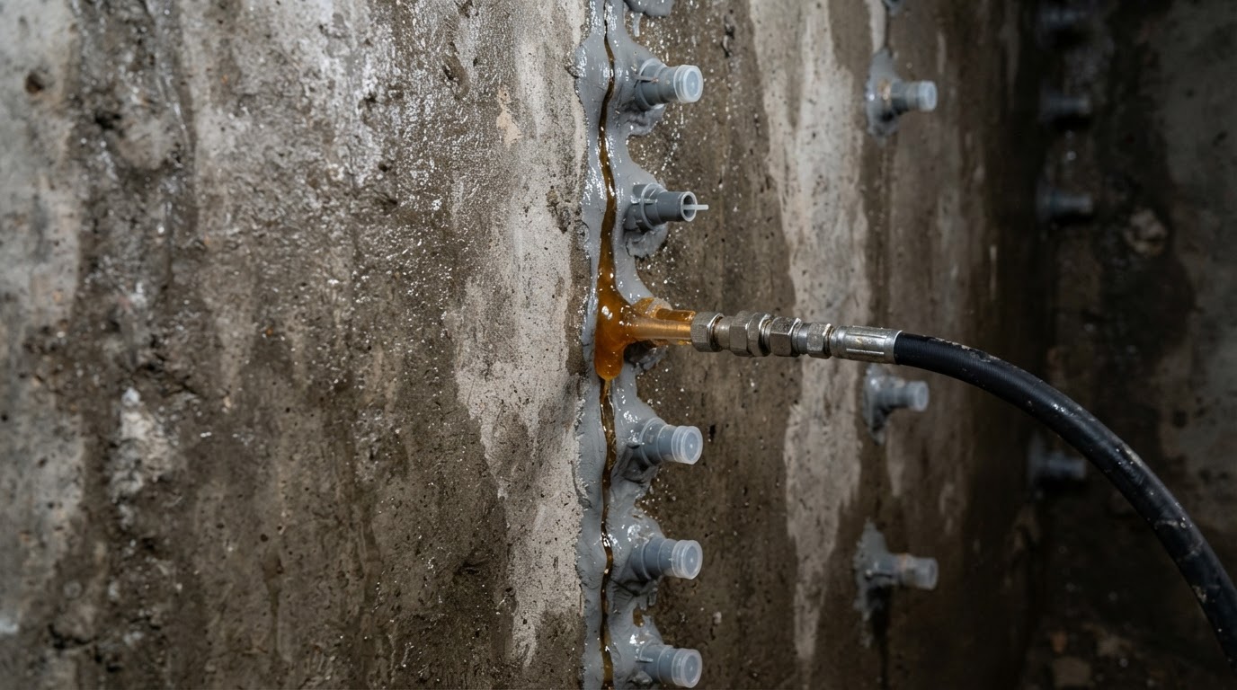 Foundation crack repair with injection ports along a leaking vertical wall crack