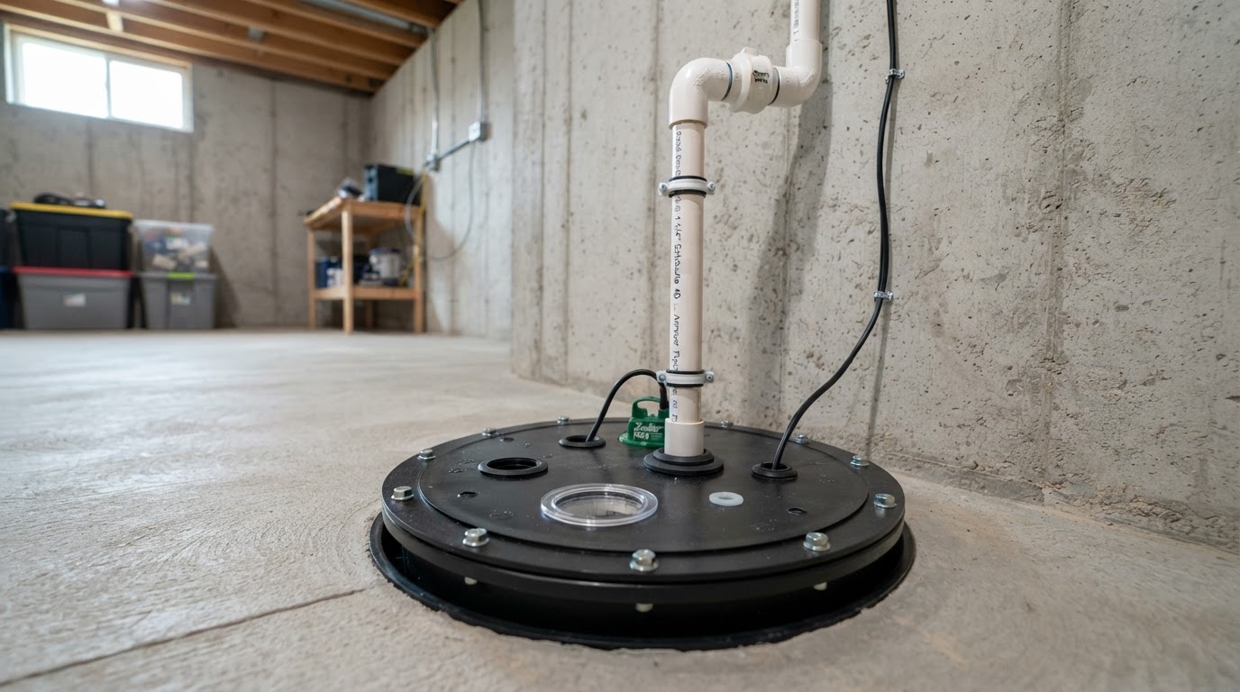 Sump pump and sealed basin installed to lift collected water out of a basement