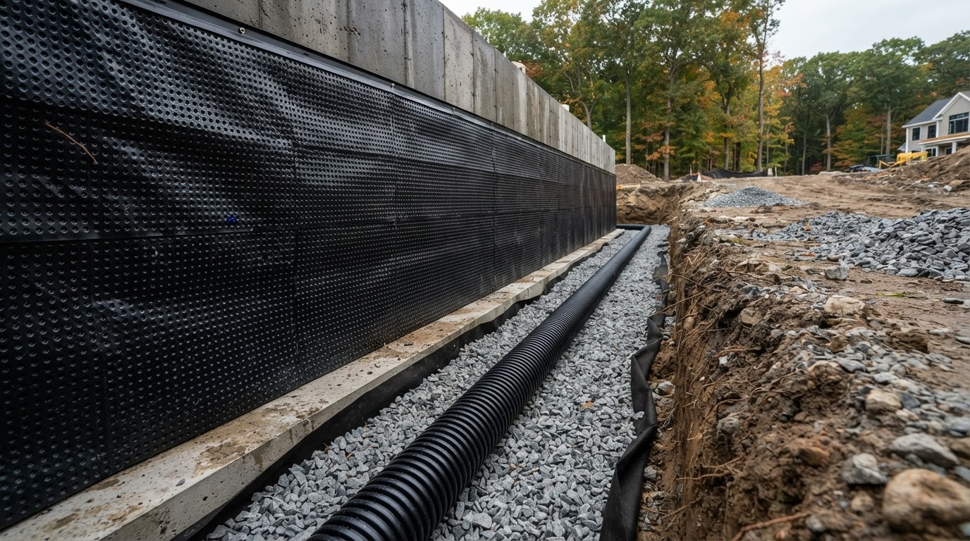 Exterior foundation waterproofing membrane and footing drain installed along a foundation wall
