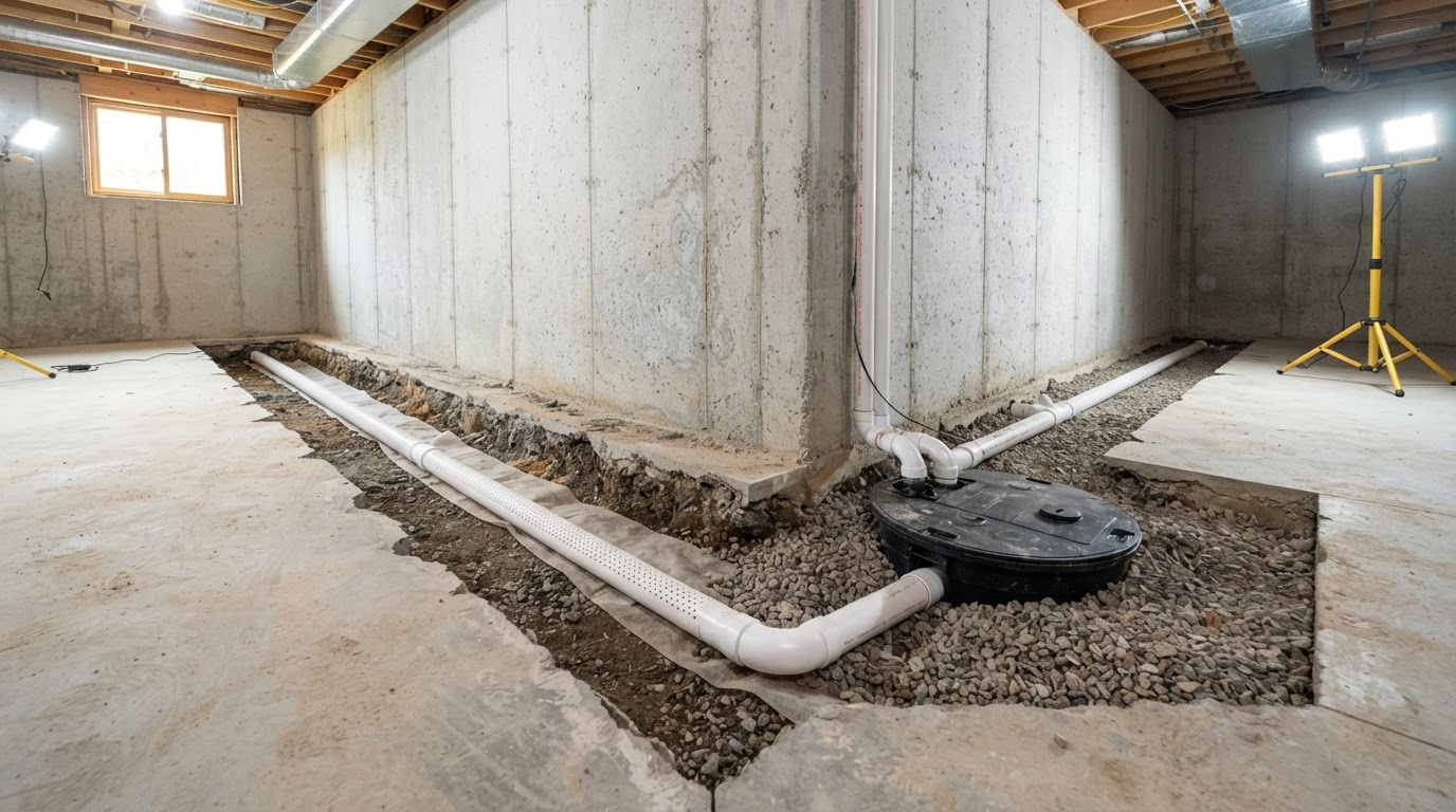 Interior basement perimeter drain channel and sump basin installed inside a basement