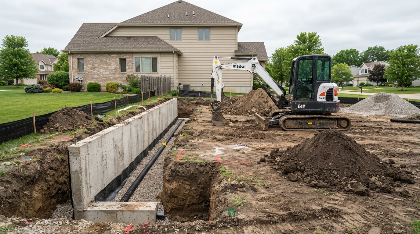 Grading and drainage correction with an excavator re-sloping soil away from a foundation