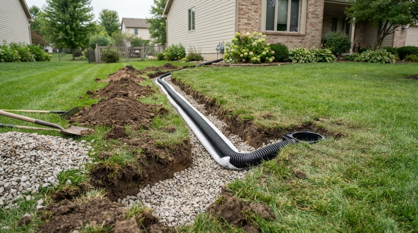 Yard drainage installation resolving standing water and soggy lawn near a home