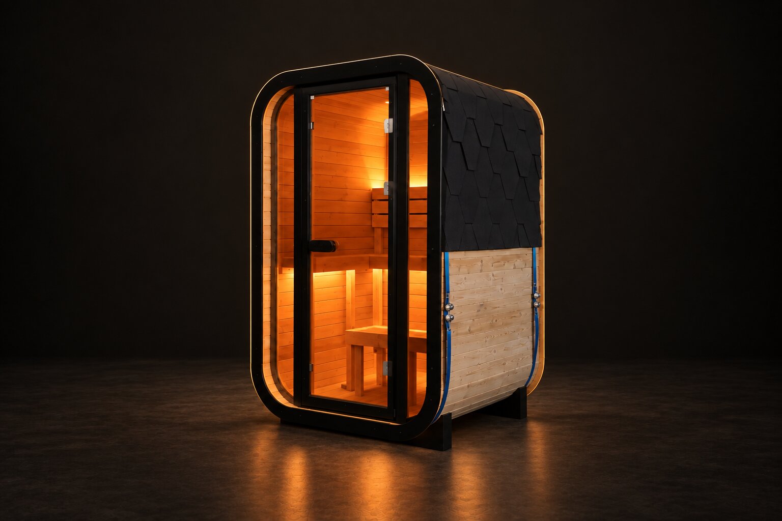 Built for the outdoors — shingle roof architectural sauna