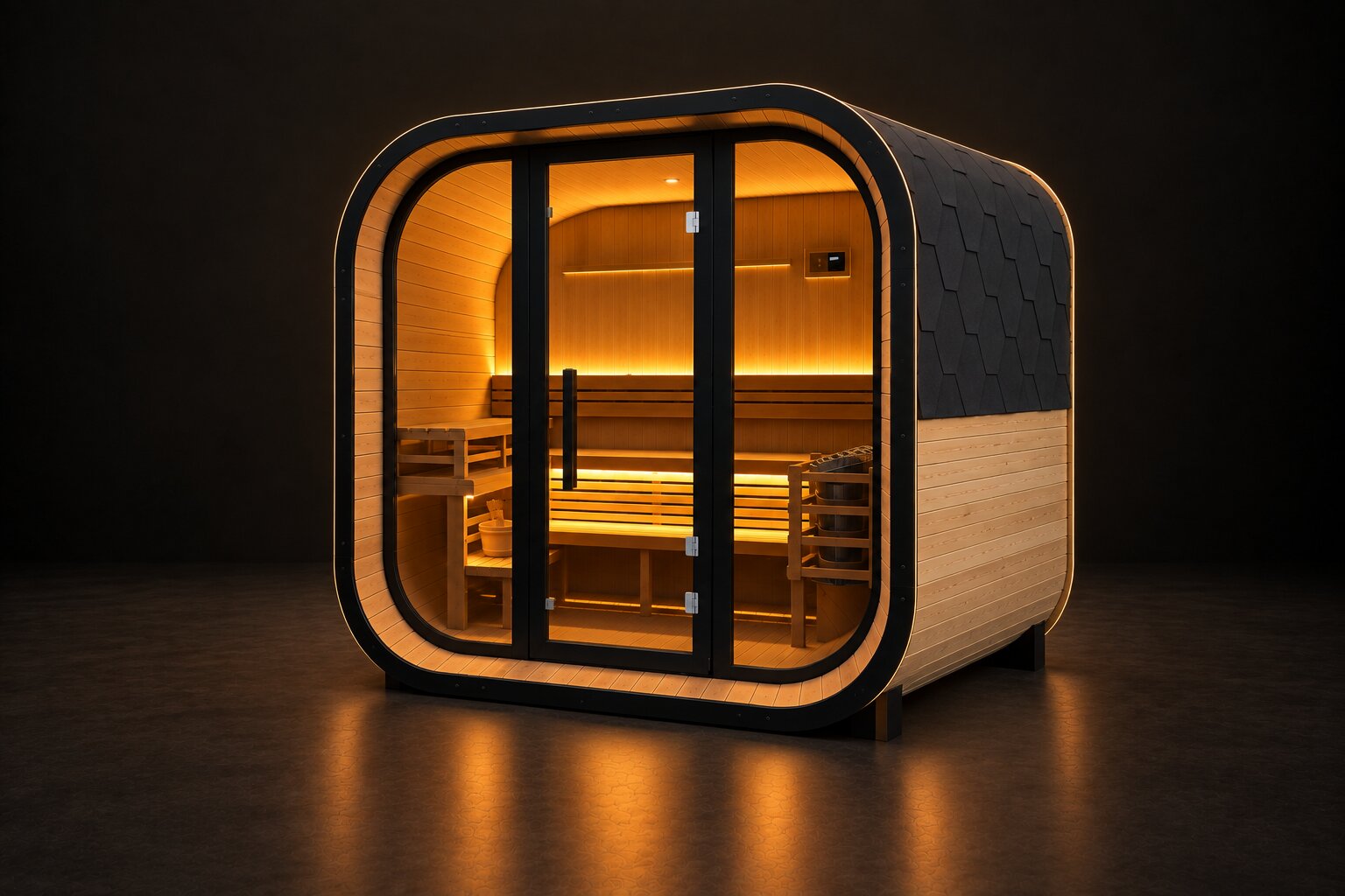 Ether Q2 pod seen at an angle, glowing from inside