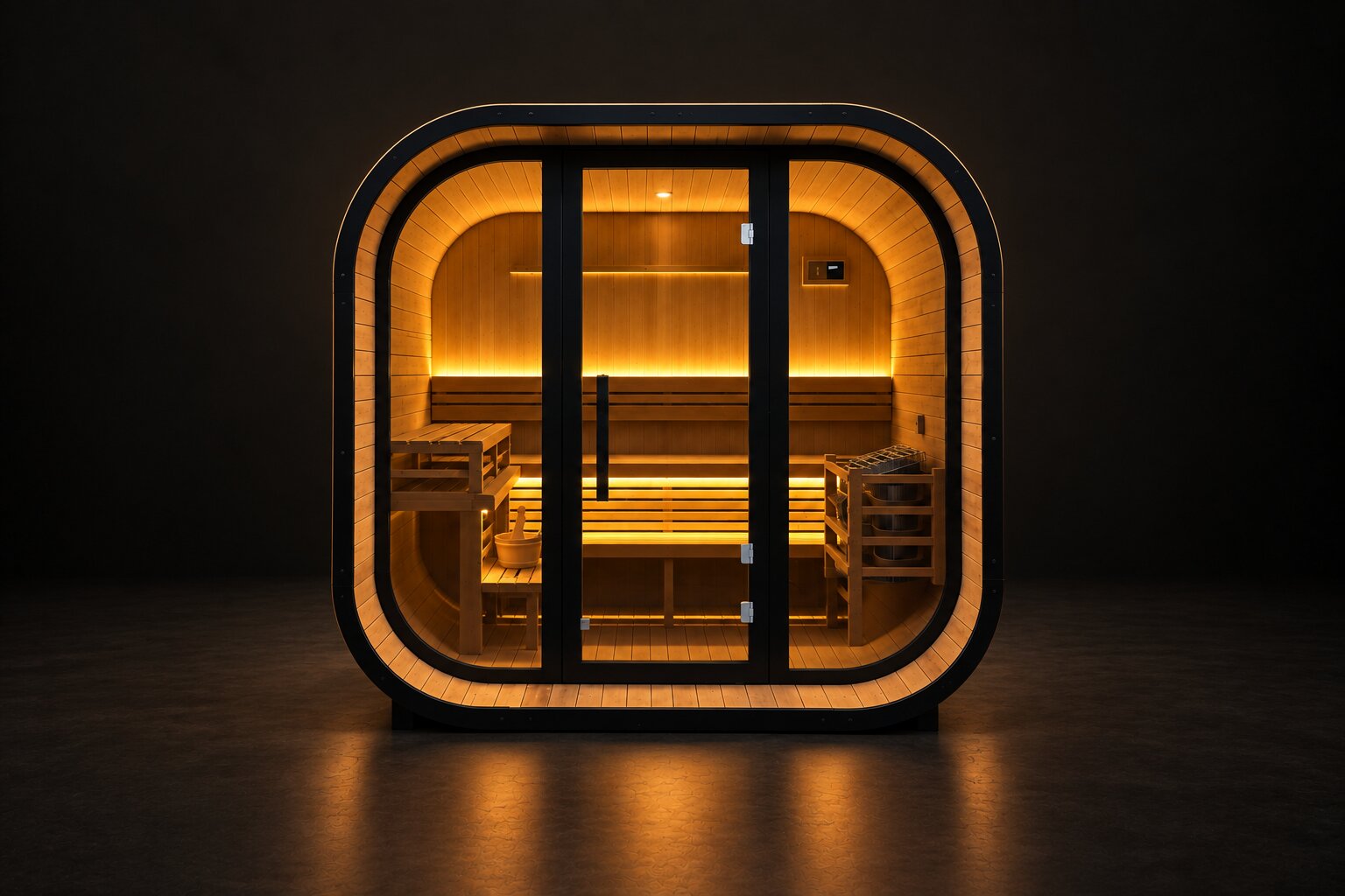 Ether Q6 sauna with panoramic glass front and warm interior