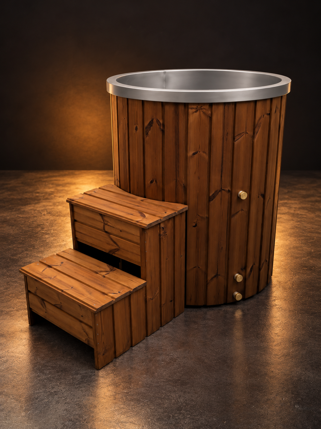 Ether R1 round cold plunge tub with exterior steps and brushed stainless steel rim