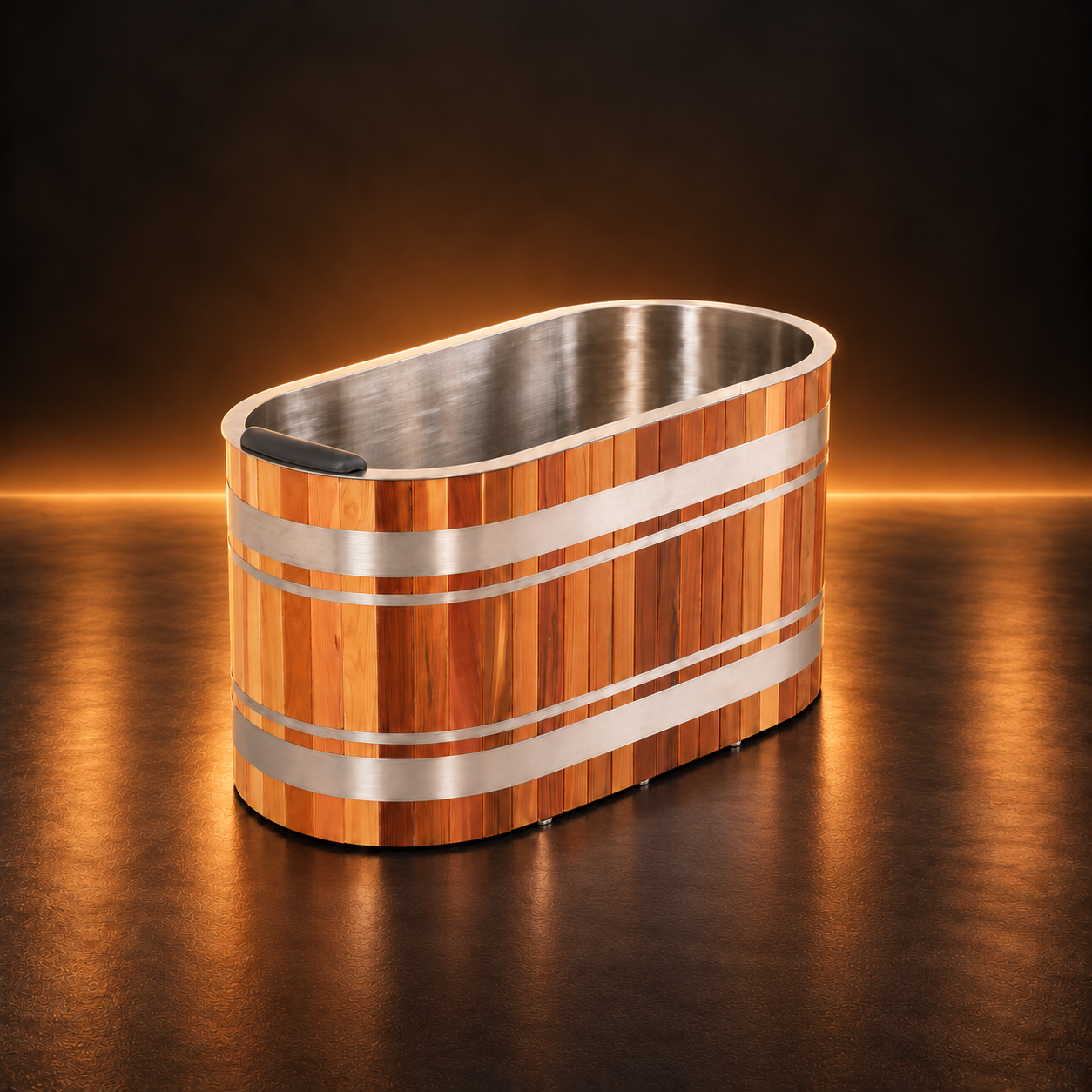 Ether P1 oval cold plunge tub in cedar with brushed stainless-steel liner and bands
