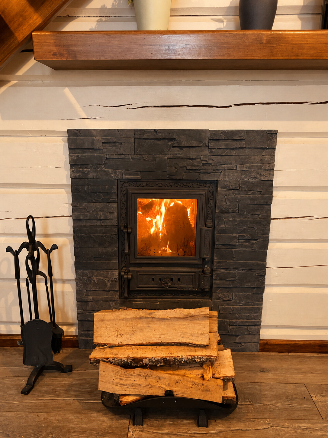 Wood fire glowing in the family cabin stove, with a stack of firewood