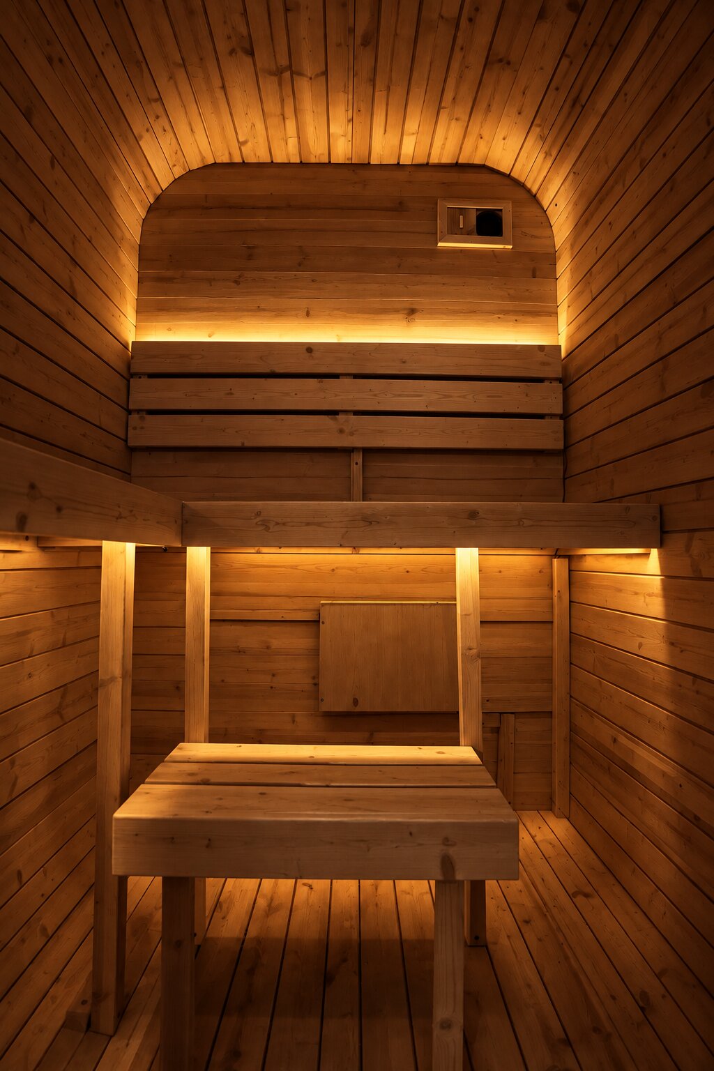Ether Q2 wooden bench with backrest and warm LED illumination