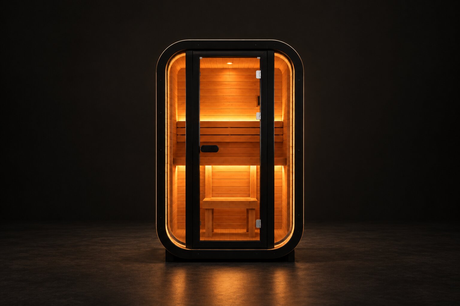 Ether Q2 one to two person sauna pod glowing with warm light