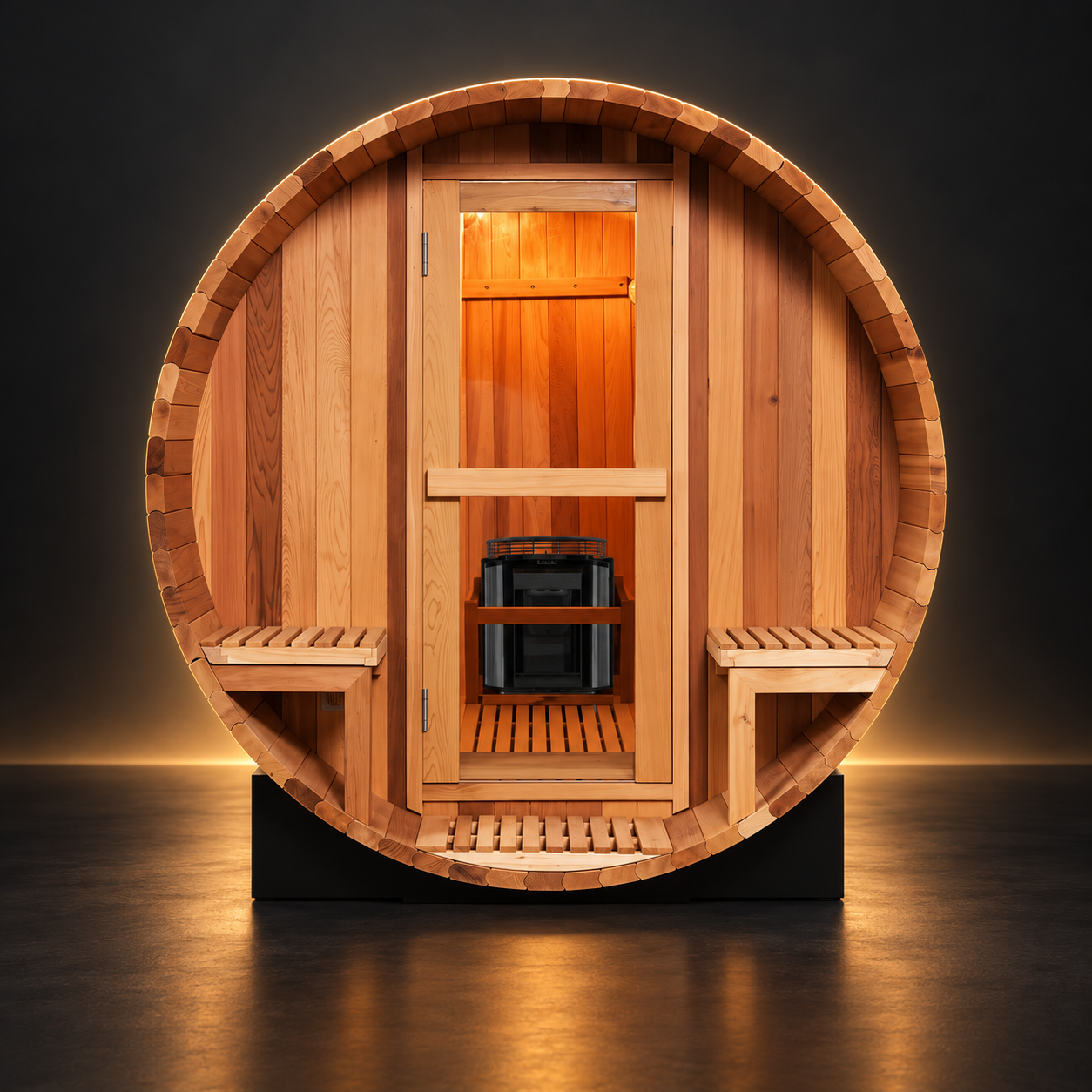 Ether B6 Canadian Red Cedar barrel sauna with front porch seats and 6kW electric heater