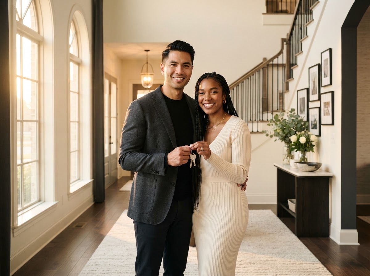 A couple arriving at their new home, prepared and confident
