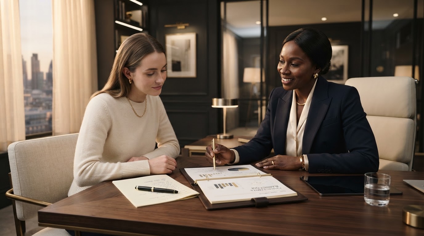 An OLIKKI strategist reviewing a readiness plan with a client at an elegant desk
