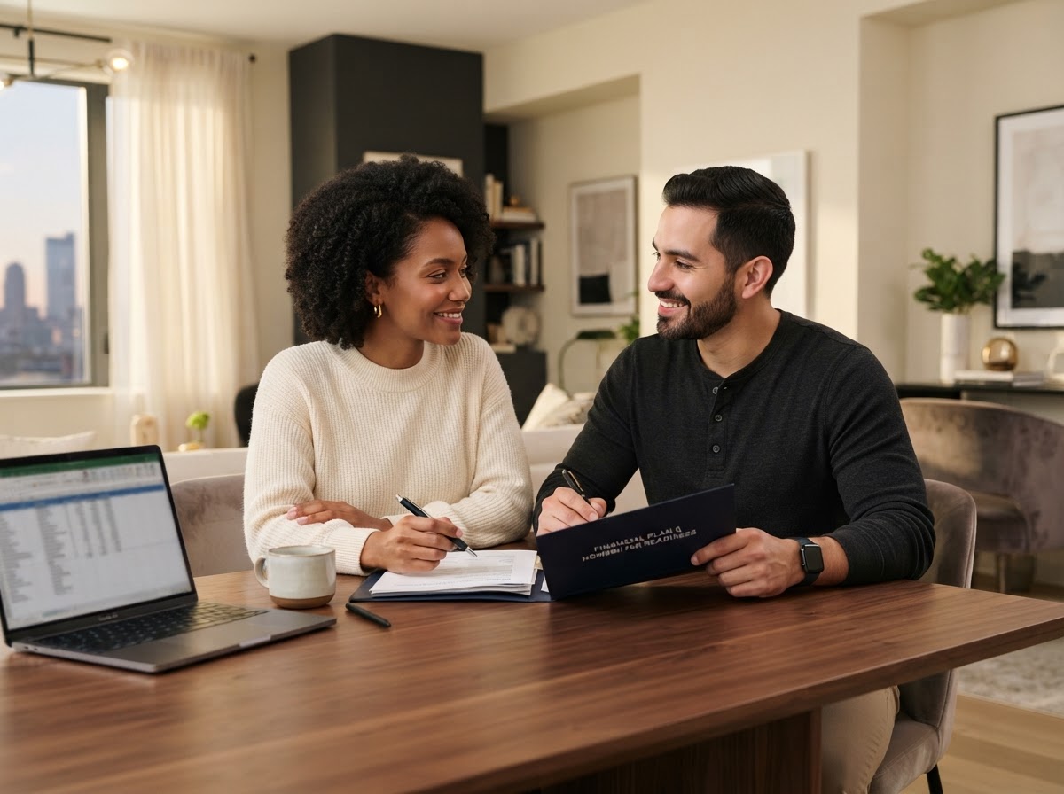 A couple reviewing their financial readiness plan together at home