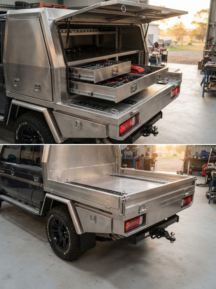 Brushed aluminium tray and canopy detail with modular drawers