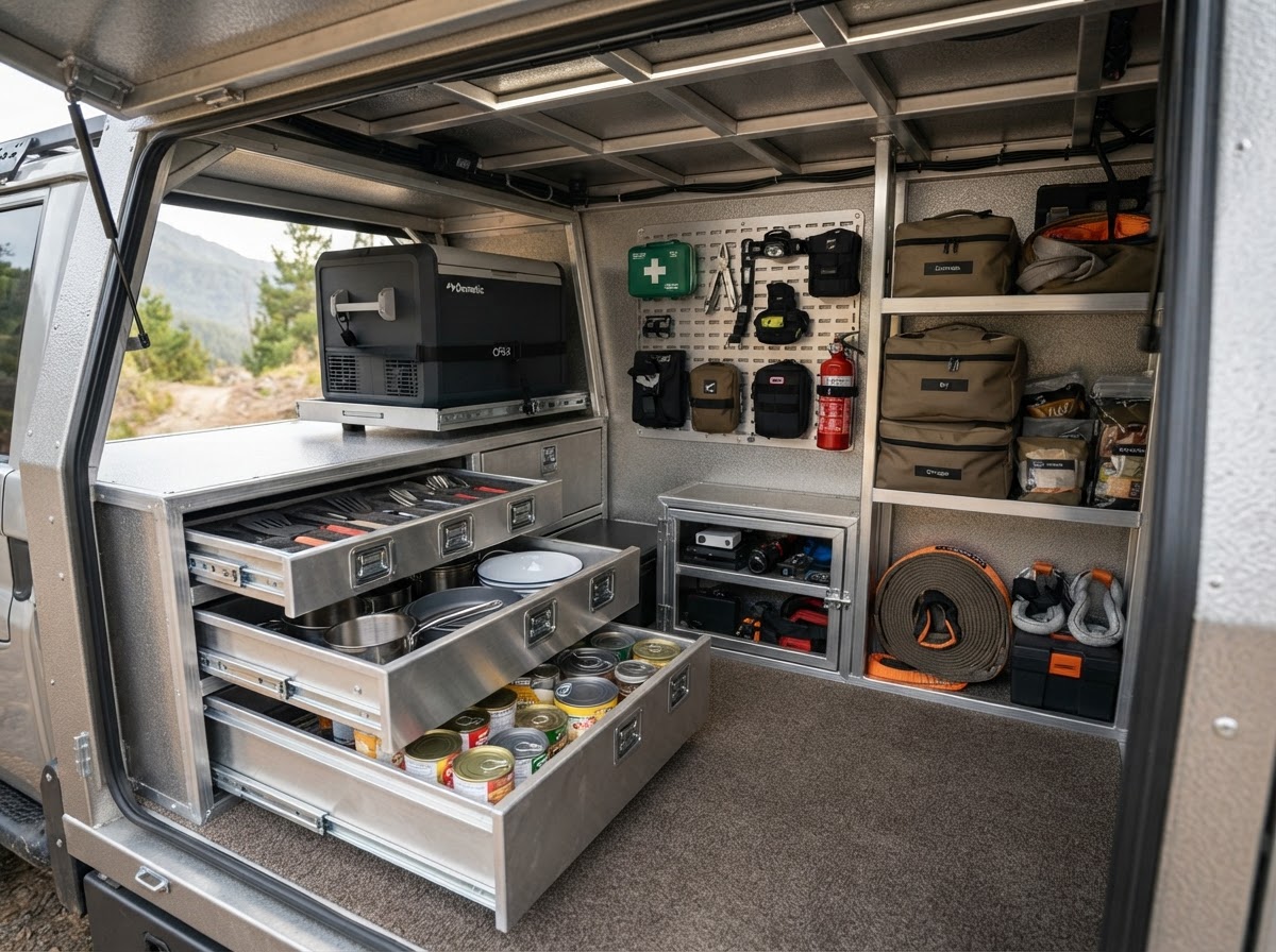 Canopy interior with modular drawer storage and organised compartments