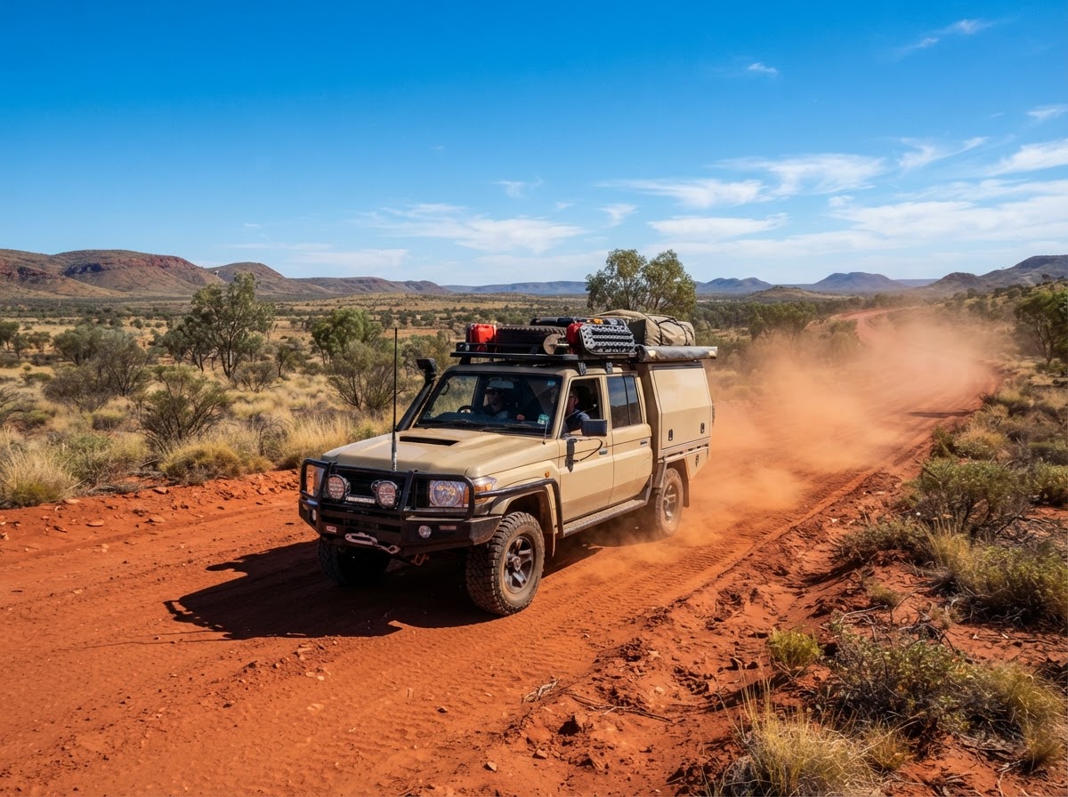 4x4 touring rig with canopy driving on a red dirt outback road