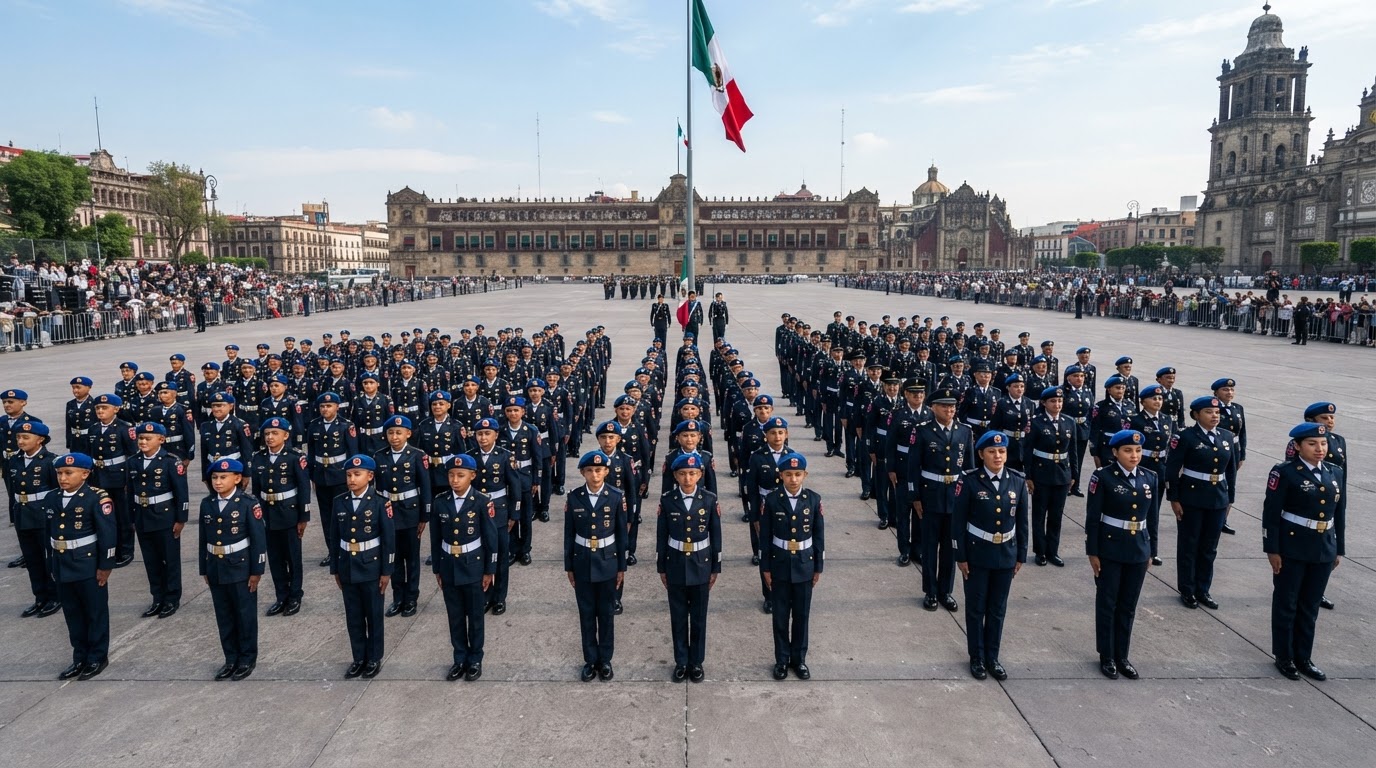 Grupo completo de cadetes del Pentathlón (Grupos Menores, Mayores y Femenil) formado en una explanada pública