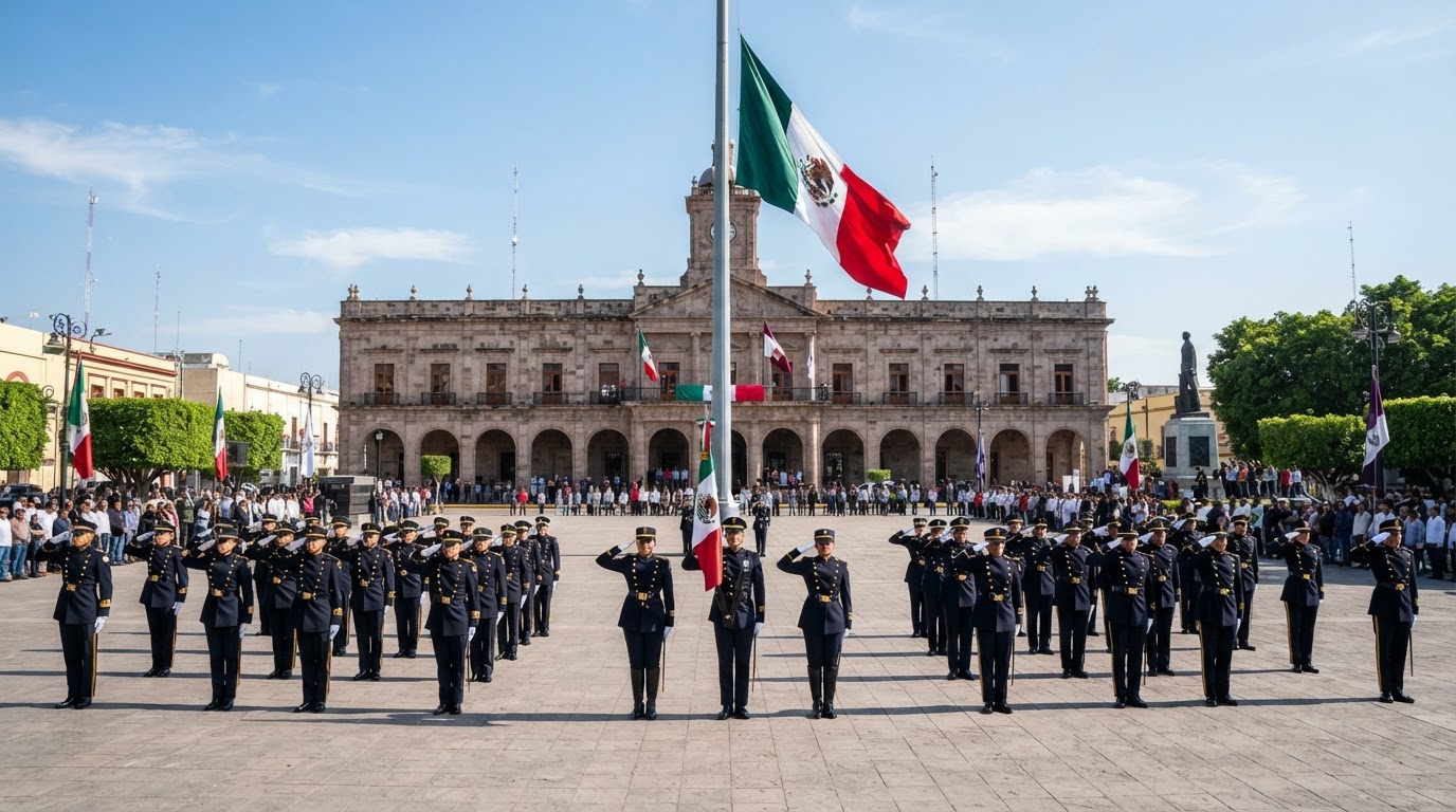 Mandos y Estado Mayor del Pentathlón en uniforme de gala rindiendo honores a la bandera