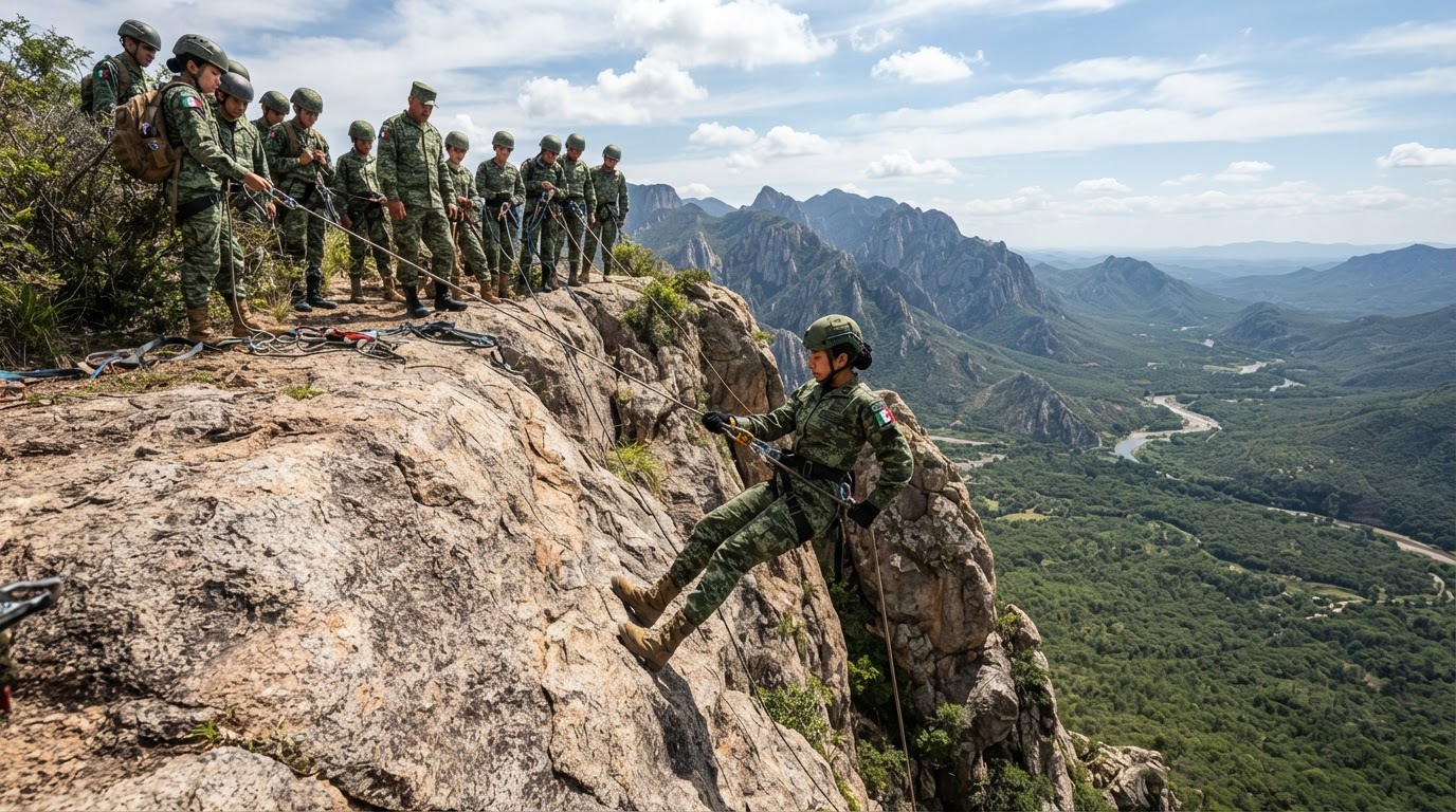 Cadetes del Pentathlón realizando rapel y entrenamiento al aire libre durante un campamento en Sinaloa
