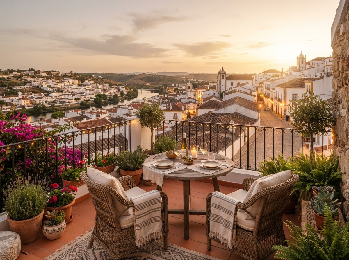 A Mediterranean apartment terrace overlooking the Algarve coast
