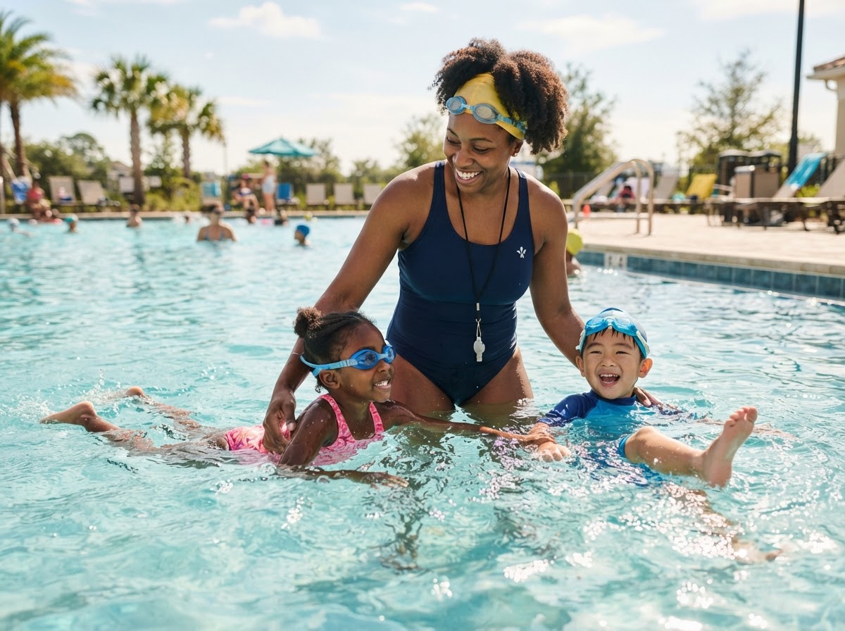 Swim Instructor Devin with young swimmers