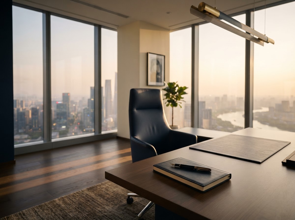 Serene executive corner office at golden hour overlooking a modern city skyline — leadership and a new role